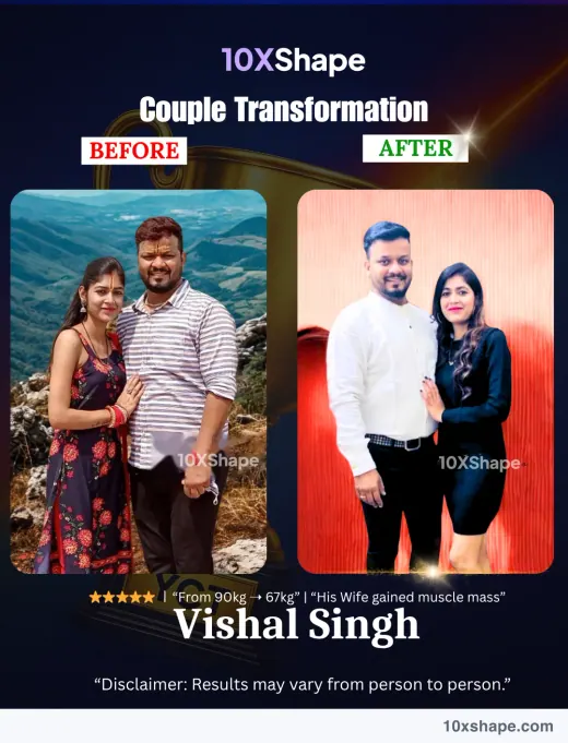 Transformation poster: From 90kg to 67kg; his wife gained muscle mass